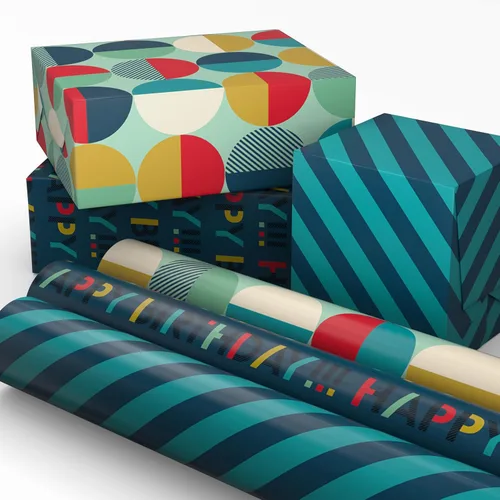 Hallmark Mini rollos de papel de regalo de cumpleaños, paquete de 3 unidades (rayas azul marino y verde azulado, círculos mod naranja y amarillo)