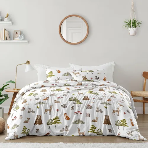 Sweet Jojo Designs Juego de edredón de bosque forestal con animales para niños y niñas, unisex, tamaño Queen, edredón de tamaño completo para niños,