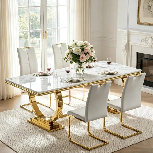 Miniatura 41 de Juego de mesa de comedor de mármol para 4, mesa de cocina rectangular de mármol blanco de 70 pulgadas con base en O de acero inoxidable dorado