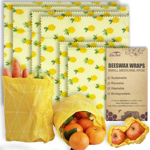 Miniatura 16 de Zelten Envolturas reutilizables de cera de abejas (3 paquetes, 3 tamaños S, M, L) sin plástico y silicona, envoltura ecológica, papel de cera
