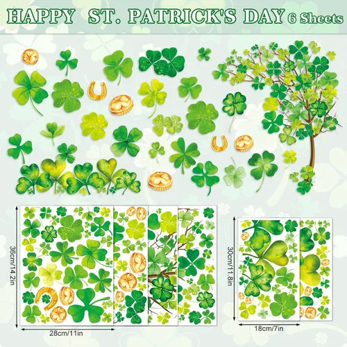 Miniatura 4 de Whaline 6 hojas de adhesivos para ventana del día de San Patricio - Grandes calcomanías de árbol de trébol en acuarela, decoración irlandesa doble