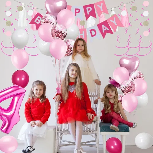 Miniatura 3 de Decoraciones de 4º cumpleaños para niñas, globos de feliz cumpleaños rosa y blanco con el número 4, suministros para fiesta de cumpleaños