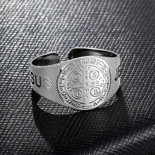 Miniatura 3 de JAJAFOOK Anillo de Jesús San Benito de acero inoxidable con apertura ajustable, joyería religiosa católica