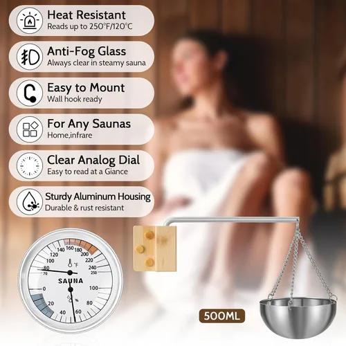 Miniatura 3 de Relaxweex 2 juegos de termómetro de sauna y soporte para taza de aceite de aromaterapia, termómetro e higrómetro 2 en 1 Fahrenheit de 15 minutos