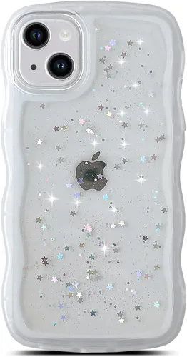 Miniatura 104 de Qokey Funda para iPhone 12 Pro Max de 6.7 pulgadas, diseño de onda rizada, borde transparente, brillante con purpurina, estrella brillante, bonita