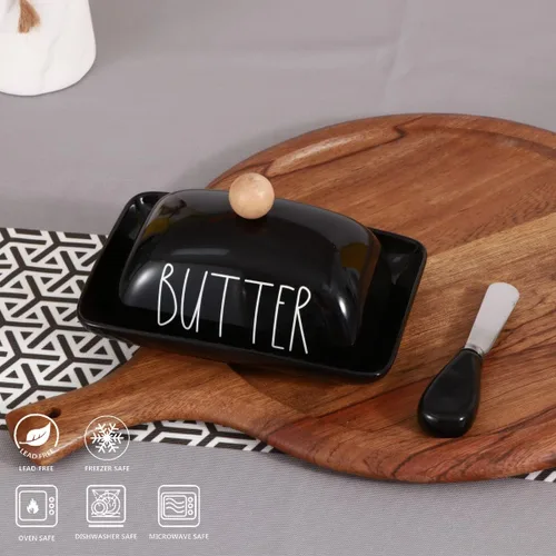 Miniatura 3 de oskas Mantequillera negra de porcelana de granja con tapa y cuchillo para encimera