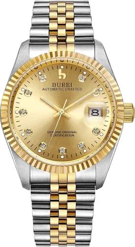 Miniatura 10 de BUREI Reloj automático de lujo para hombre, resistente al agua, reloj mecánico, correa ajustable de dos tonos de acero inoxidable