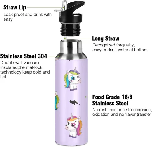 Miniatura 3 de Cute Unicorns Rainbow Stainless Steel Vacuum Insulated Water Bottle 20 Oz, BPA-Free Sports Water Bottle with Straw Leakproof Water Bottles