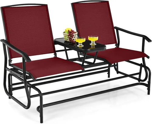 Tangkula Silla mecedora para 2 personas, sofá biplaza mecedora para patio con mesa central de vidrio templado, banco de columpio para exteriores con
