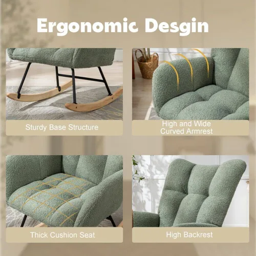 Miniatura 5 de Mecedora de cuarto de bebé con asiento deslizante tapizado en estilo oso de peluche, con respaldo alto, sillón acento con cómodo bolsillo lateral