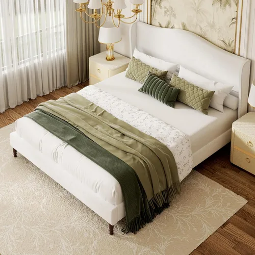 Miniatura 9 de Base de cama tapizada tamaño Queen, cabecera de tela de felpilla de 51 pulgadas de alto con diseño clásico de alas curvadas, patas de madera maciza