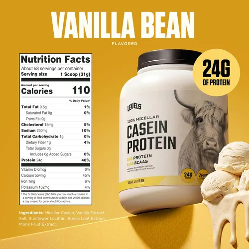 Miniatura 3 de Levels Proteína de Caseína Micelar 100%, Sin Hormonas, Grano de Vainilla, 4 Libras