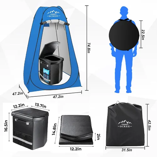 Miniatura 3 de Inodoro de campamento de 16.5 pulgadas con juego de tienda de campaña de privacidad emergente, inodoro portátil XL para campamento, duchas al aire