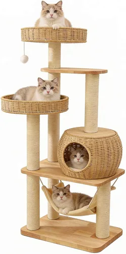 Árbol de madera para gatos de 55 pulgadas para gatos de interior y adultos, torre alta para gatos con poste rascador y acogedora hamaca para gatos