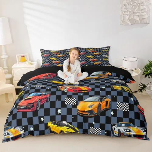 Miniatura 25 de Feelyou Race Car Duvet Cover Twin Size Boys Girls Speed Sports Car Bedding Set Breathable Soft Racing Comforter Cover 2Pcs Black White Checked