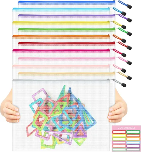 Miniatura 14 de 9 bolsas de malla con cremallera, tamaños A3, 9 colores, almacenamiento de juegos de mesa, viajes, escuela, organización de oficina
