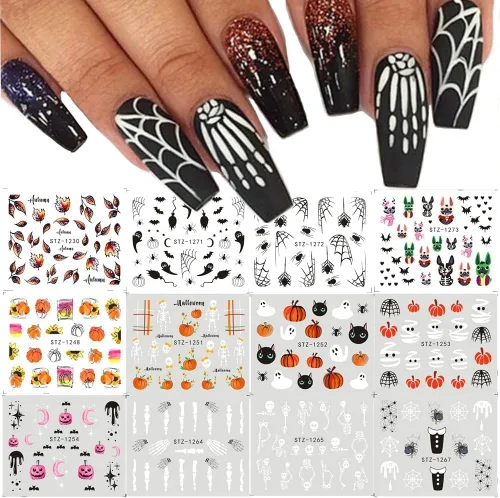 Calcomanías de arte de uñas de Halloween, calcomanías de transferencia de agua, 12 unidades, calabaza, esqueleto, araña, fantasma, hoja de arce,