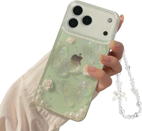 Miniatura 15 de Funda compatible con iPhone 13 Mini 3D, diseño floral de mariposa, transparente con diseño estético, fundas protectoras con purpurina y cristales