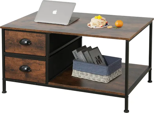 Miniatura 6 de SENIG Mesa de café pequeña rectangular marrón de madera y metal con estante de almacenamiento para salas de estar pequeñas