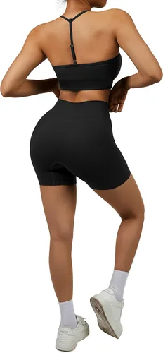 Miniatura 5 de OMKAGI Conjuntos de entrenamiento para mujer, sin costuras, brasier deportivo, levantamiento de glúteos, pantalones cortos de entrenamiento