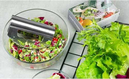 Miniatura 6 de Cuchillo picador de ensalada con cubierta protectora, cortador de ensalada de acero inoxidable, cuchillo de corte de doble hoja, picador de ensalada