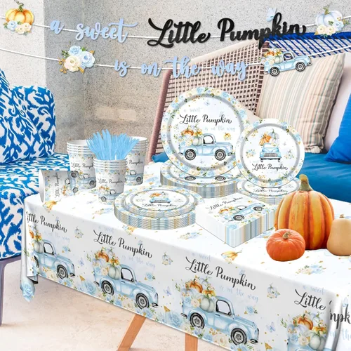Miniatura 6 de Decoración de baby shower de calabaza, 142 piezas, una dulce pequeña calabaza está en camino, camión floral azul para niños, mantel desechable