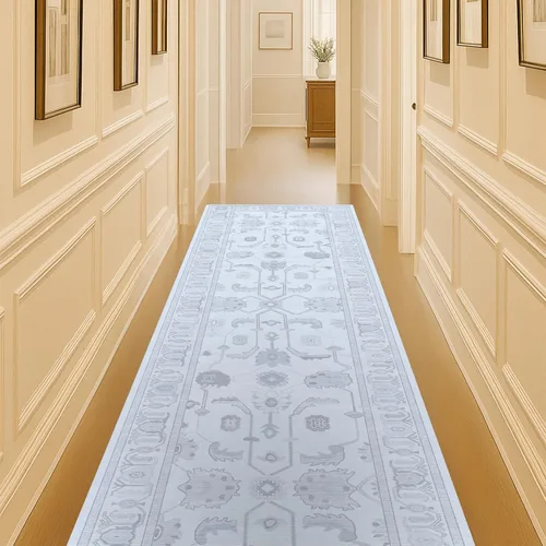 Miniatura 28 de Fame Living Alfombra Oushak Crema Azul, Alfombras Pequeñas Modernas, Vintage, Turca, Ecléctica, Floral, Pastel, Lavable, Tapete para Puerta, Felpudo