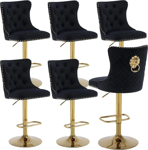 Miniatura 29 de Taburetes de bar negros juego de 2 sillas de cocina giratorias de terciopelo con respaldo alto acolchado, taburetes dorados modernos tapizados