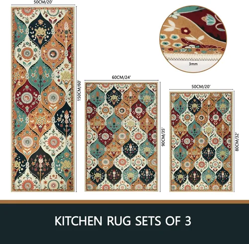Miniatura 2 de Falflor Juego de 3 tapetes de cocina con diseño de enrejado marroquí, lavables, antideslizantes, tapetes de cocina suaves para piso, patrón floral