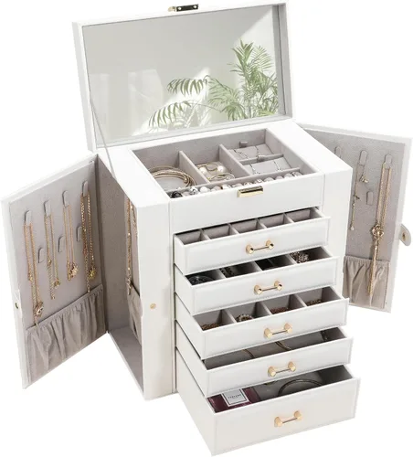 V-LAFUY Joyero grande para mujer, organizador y almacenamiento de joyas, caja de joyería grande con espejo, color blanco