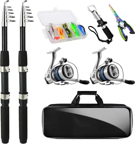 Telescopic Fishing Rod and Reel Combo Set, 2PCS Collapsible Fishing Poles, Fishing Kit with Spinning Reel Fishing Pliers and Lip Gripper, Travel