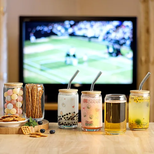 Miniatura 6 de [Juego de 12 piezas] Vasos de vidrio con tapas de bambú y popote de vidrio, vasos para beber en forma de cerveza, vasos de café helado de 16 onzas
