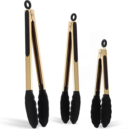 Miniatura 10 de Pinzas doradas clásicas de acero inoxidable para servir comida y fiesta, pinzas de cocina de 9 y 12 pulgadas con puntas de silicona sin BPA