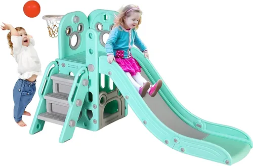Miniatura 10 de Arlopu Juego de tobogán 6 en 1 para niños pequeños, tobogán resistente para niños con aro de baloncesto y telescopio, pasos antideslizantes, juego