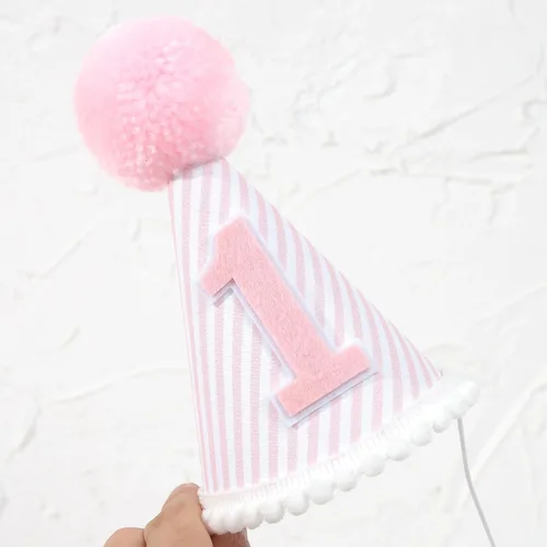 Miniatura 6 de Sombrero de fiesta de primer cumpleaños rosa y blanco - Corona de primer cumpleaños para niña con accesorios para fotos para decoraciones y vestidor