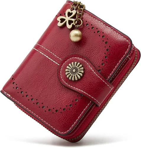 Cartera pequeña para mujer, de piel, plegable, compacta, con bloqueo RFID, con bolsillo con cremallera para monedas, A01 Rojo Vino, Classic
