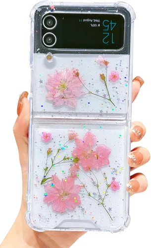 Abbery Funda transparente para Samsung Galaxy Z Flip 3 5G, transparente y con diseño de purpurina bonita con purpurina floral prensada de Rosa