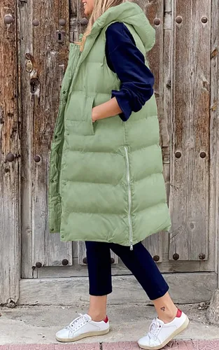 Miniatura 2 de LEANI Chaleco largo acolchado con cremallera completa para mujer, abrigo sin mangas con bolsillos