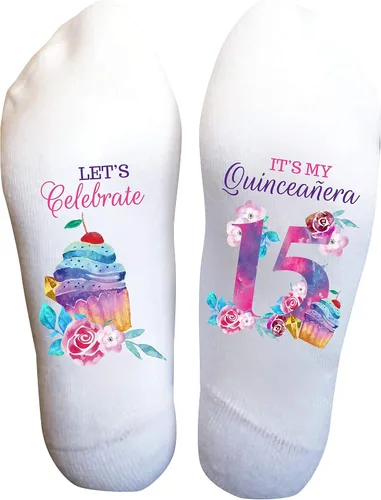 Miniatura 20 de Calcetines Divertidos Mis Quince para Niñas Adolescentes, Regalo de Quinceañera del 15º Cumpleaños, Recuerdo de Fiesta Personalizado