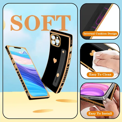 Miniatura 5 de Petitian Funda para iPhone 13 Pro Max con Soporte/Cordón, Lujosa y Linda para Mujeres y Niñas con Corazón Electrochapado, Fundas de Teléfono de Negro