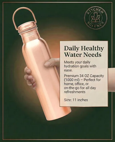 Miniatura 5 de Kitchen Science Auténtica botella de agua de cobre de 34 oz/33.8 fl oz con bolsa de transporte y funda, botella de hidratación ayurvédica a prueba