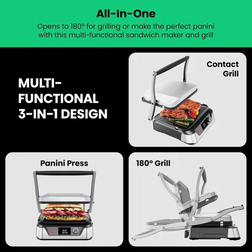 Miniatura 3 de Chefman Prensa de panini digital 5 en 1 y parrilla para sándwiches y plancha para parrilla con placas de asado reversibles y lavables