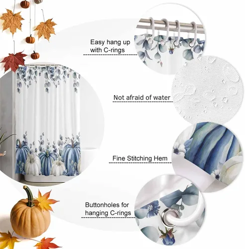 Miniatura 6 de Cortina de ducha de calabaza azul para baño, calabazas blancas, hojas verdes, cortinas de baño con ganchos, tela de poliéster impermeable, cortinas