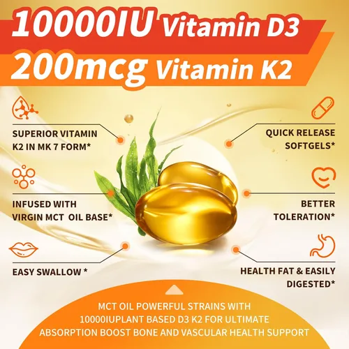 Miniatura 2 de Vitamina D3 K2 a base de plantas de 10000 UI con aceite MCT de coco virgen – 200 mcg MK7 de vitamina K2, sin OMG para una máxima absorción, salud