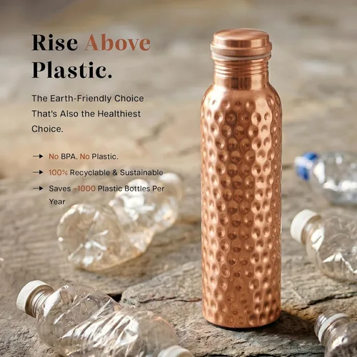 Miniatura 9 de THE ART BOX Botella de agua de cobre puro para agua potable – Botella ayurvédica de cobre martillado a prueba de fugas, diseño sin articulaciones