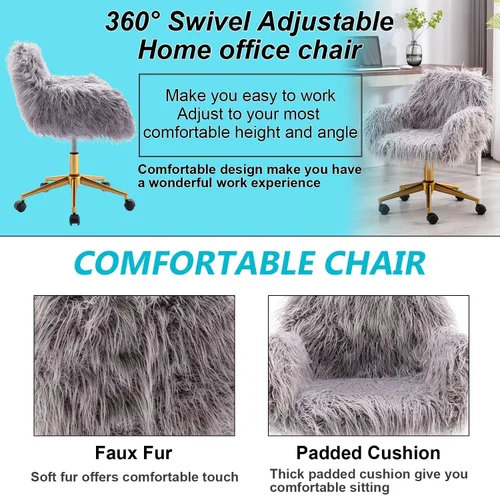Miniatura 4 de Silla de escritorio moderna de piel sintética, silla de oficina en casa de piel sintética, silla giratoria ajustable, silla peluda para niñas, silla