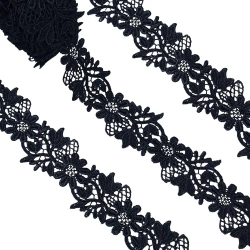 Venecia - Tela bordada de encaje vintage con diseño de hojas de flores y bordado, ribete negro para vestido de novia de boda (1.4 pulgadas, 6.5