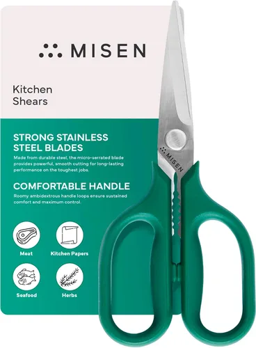 Miniatura 9 de Misen Tijeras de cocina resistentes, acero inoxidable, tijeras versátiles y fáciles de limpiar para carne, hierbas y verduras, mango ambidiestro Rojo