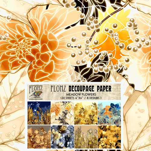 Paquete de papel para decoupage (24 hojas de 15x15 cm) Flores de prado FLONZ Papel vintage para decoupage, manualidades y álbumes de recortes Seis