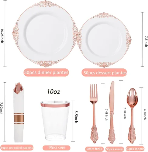 Miniatura 6 de Hioasis 350 platos de plástico color oro rosa, elegante juego de vajilla desechable adecuado para 50 invitados, incluye platos de cena de 10.25